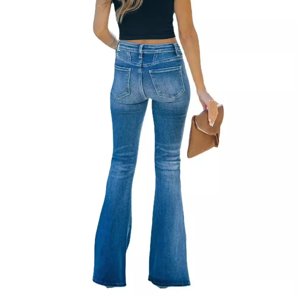 Jeans Flare Pants Women Streetwear Washed Button Fly Mid Waist Pockets Distressed Denims Female Trousers 2025 Vintage Boot Cut