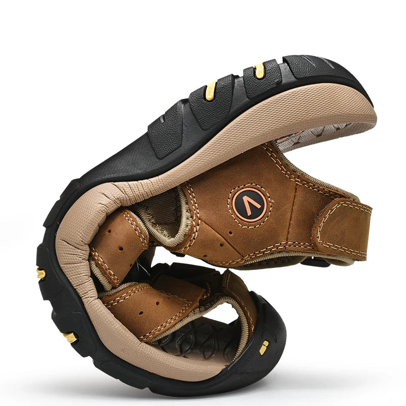 Brown and black sandal with a visible brand logo on a white background