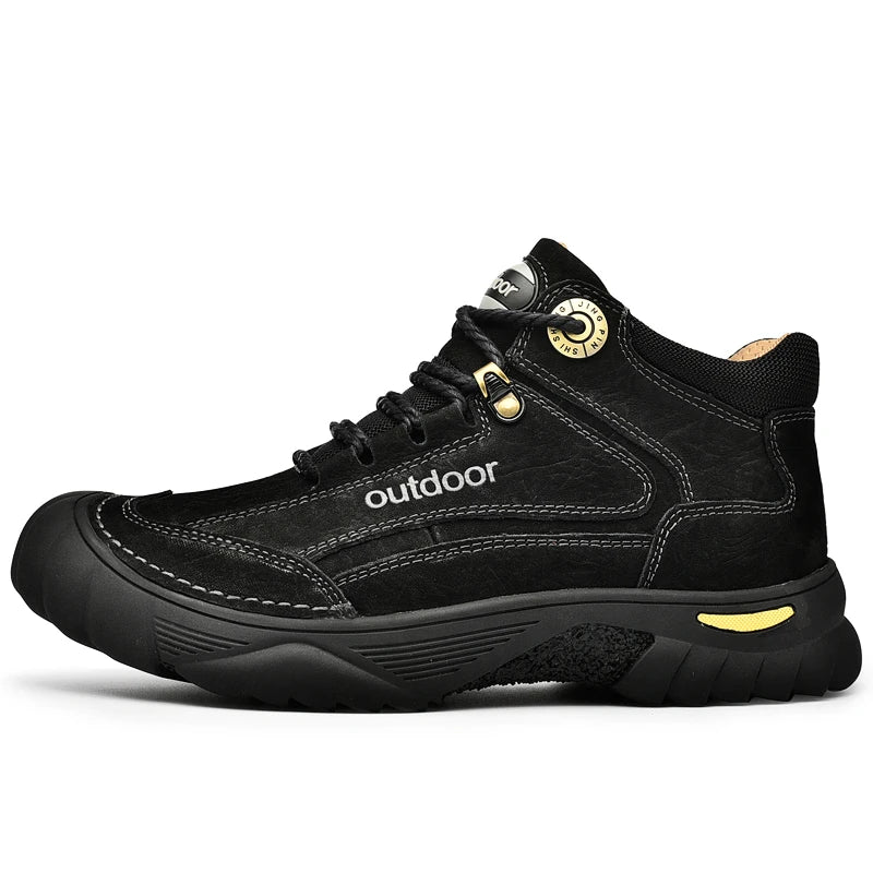 Black outdoor shoe with gold accents on a white background