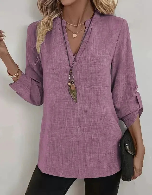 2025 Women's Shirt V-neck Pullover Top Pocket Solid Color Simple Versatile Fashion Blouses for Female