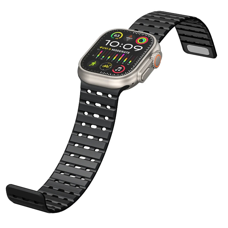The image shows a variety of magnetic straps for Apple Watches in different colors, with a prominent orange strap displayed in detail, along with options for different watch models.