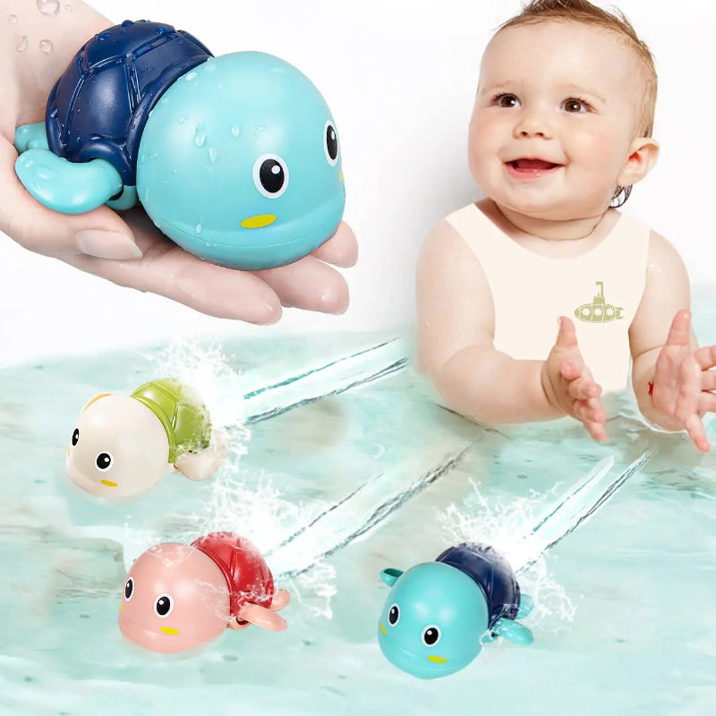 Baby playing with colorful bath toys in water