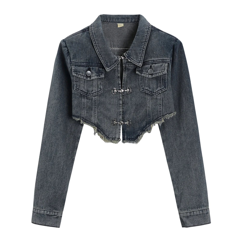 Korean‑Style Denim Coat – Metal Buckle Tassel Short Jacket Women