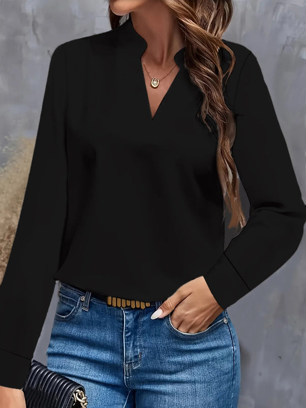 Women’s elegant light blue V-neck long sleeve loose fit office blouse Black