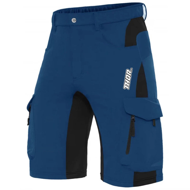 Blue and black shorts with a brand logo on a white background