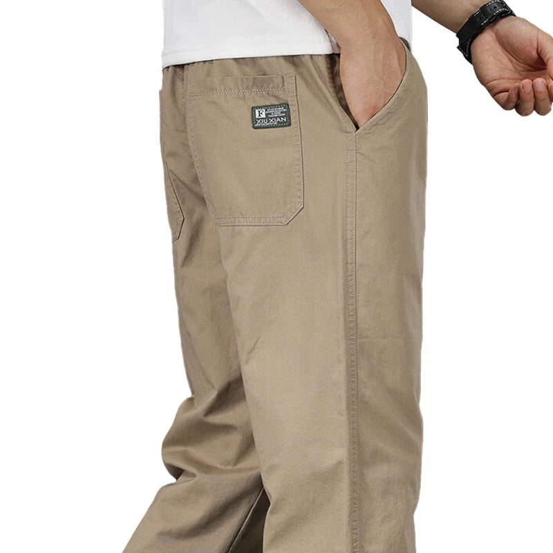 Big Size Mens Casual Pants Relaxed Fit Cotton Trousers Elastic Waist Drawstring Sweatpants Mens Jogger Pants Summer Spring kahki 0213