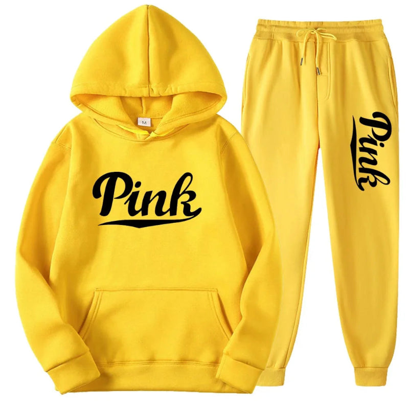 Yellow hoodie and pants set with 'Pink' text on a white background