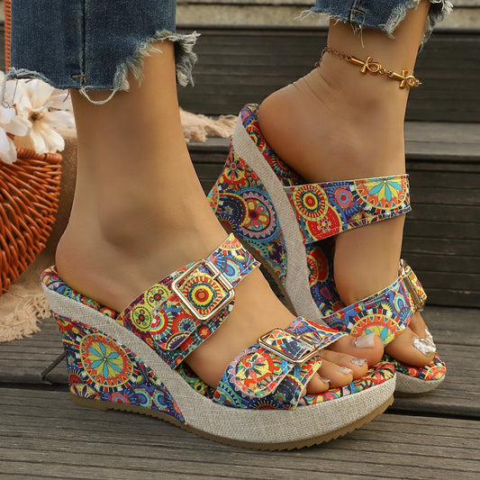 Vintage Rivet Decor Wedge Sandals for Women 2026 Summer High Heels Platform Sandals Woman Plus Size 43 Ankle Buckle Beach Shoes