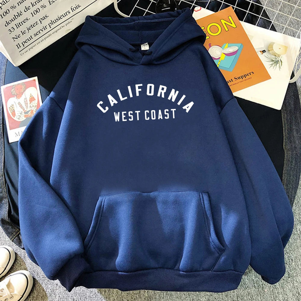 Women's California West Coast loose hoodie with creative pattern and fleece lining -dark blue
