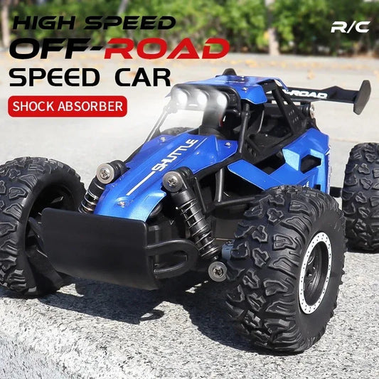 Blue off-road speed car with shock absorber on a road