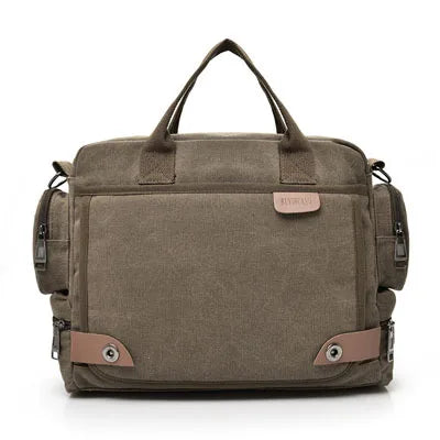 Brown canvas briefcase with leather accents on a white background