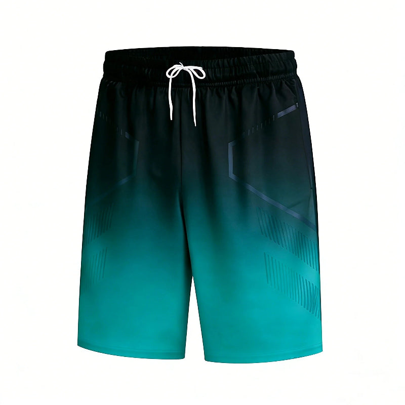 Gradient black to teal shorts on a white background