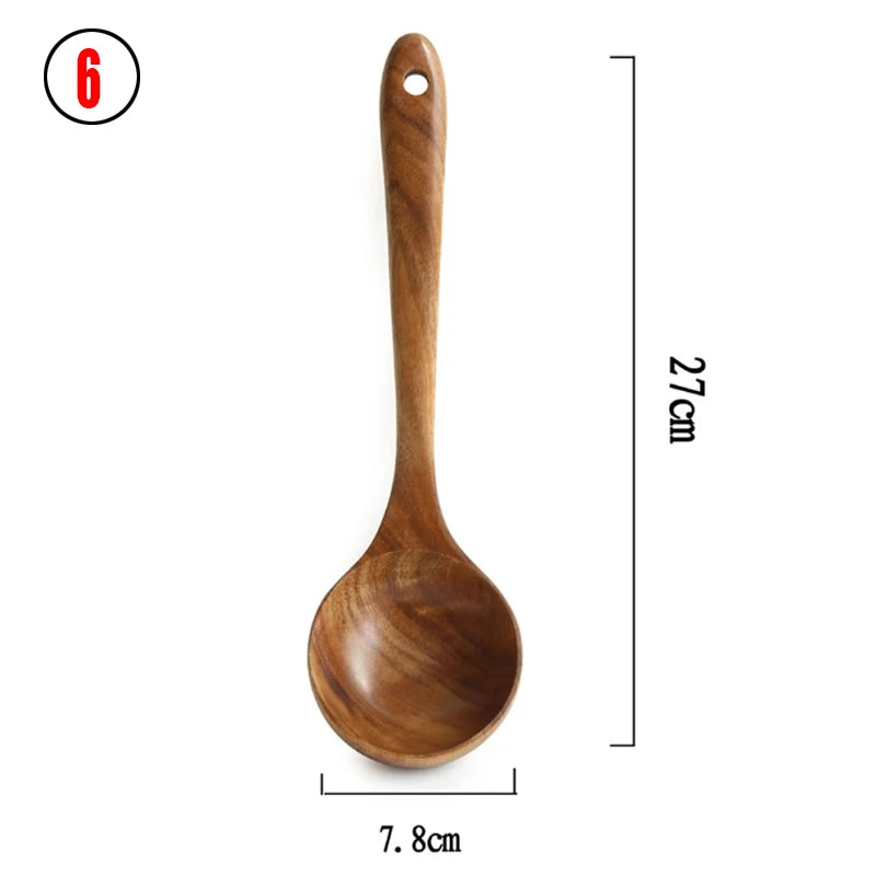 Thailand teak natural wood kitchen utensils set – spoon, ladle, turner, rice colander, soup skimmer, scoop cooking tools size 6