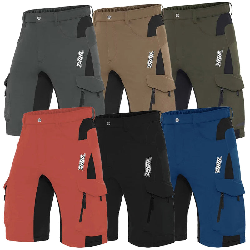 Set of six pairs of cargo shorts in different colors with 'Thor' branding.