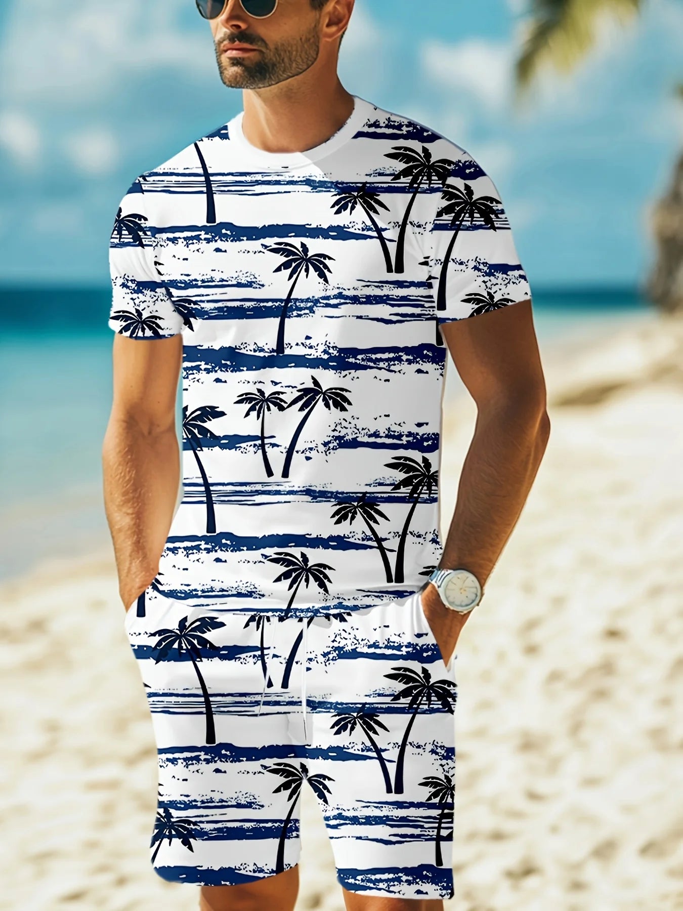 Men's Summer Fashion Casual Loose-Fit Set Plus Size Coconut Grove Print Crew Neck Short Sleeve Drawstring Shorts Two-Piece Set