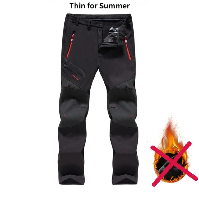 Black pants with red zippers on a white background, labeled 'Thin for Summer' with a fire icon crossed out.