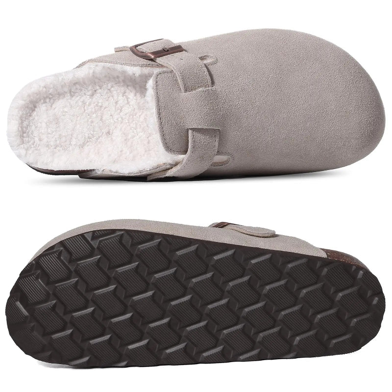 Gray slipper with white interior and textured sole on a white background