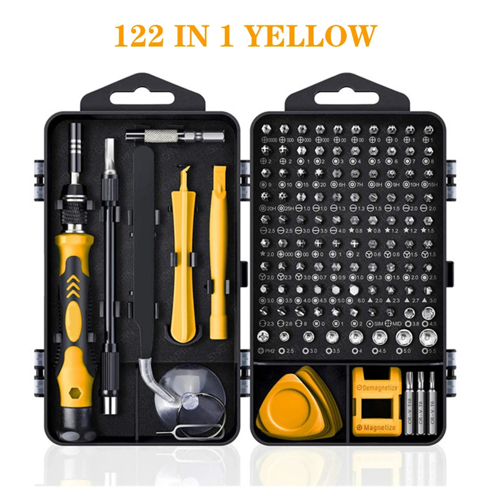 122-in-1 yellow tool set with various tools and bits in black cases.