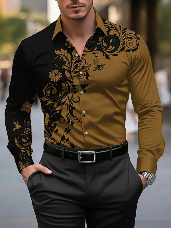 Man wearing a brown and black patterned shirt with black pants in an urban setting