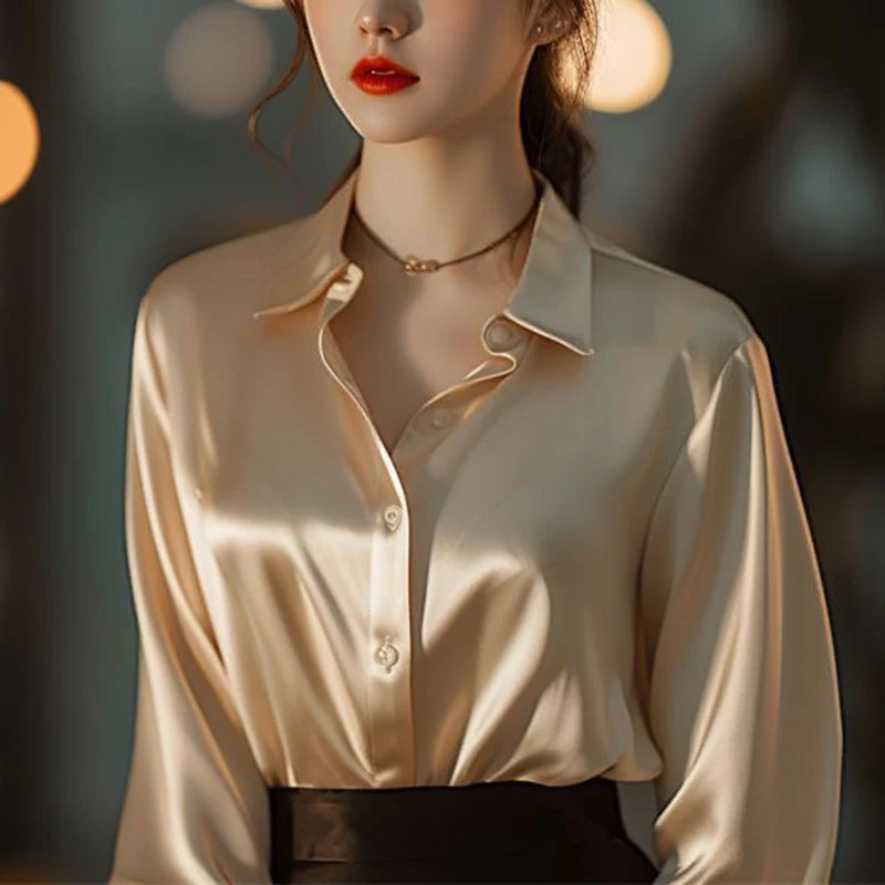 Beige satin shirt worn by a person with a blurred background
