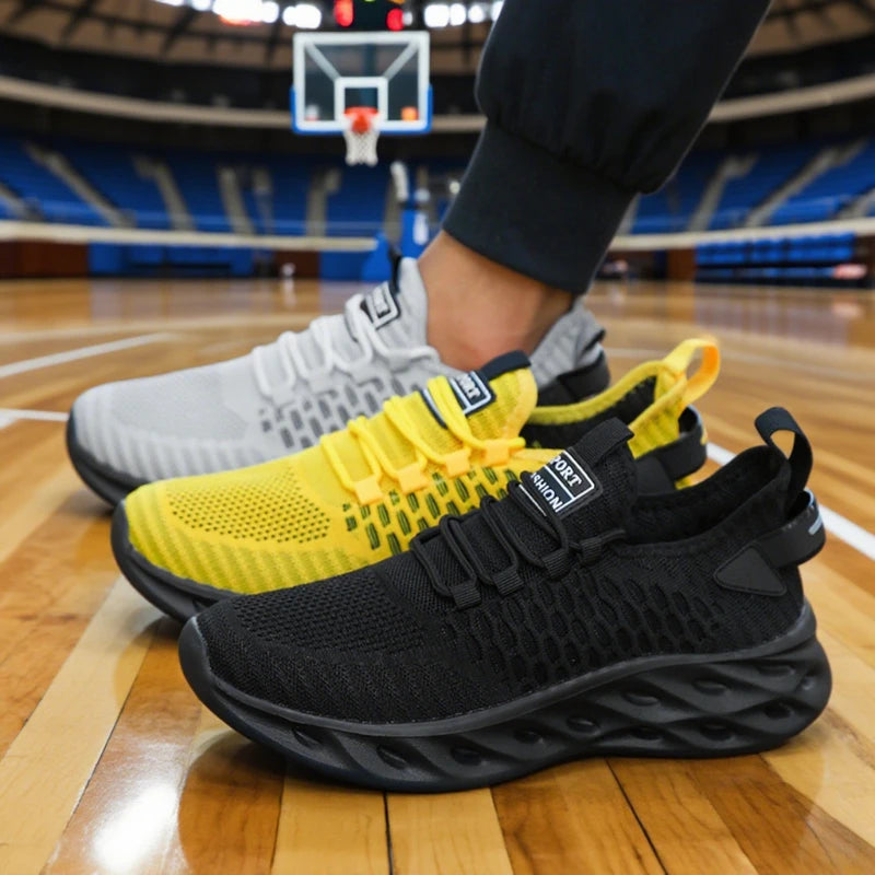 Black and yellow sneakers on a basketball court