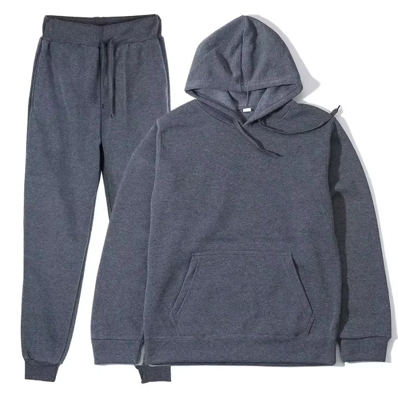 Unisex solid color fleece hoodie and pants two‑piece sports set for autumn and winter gray02