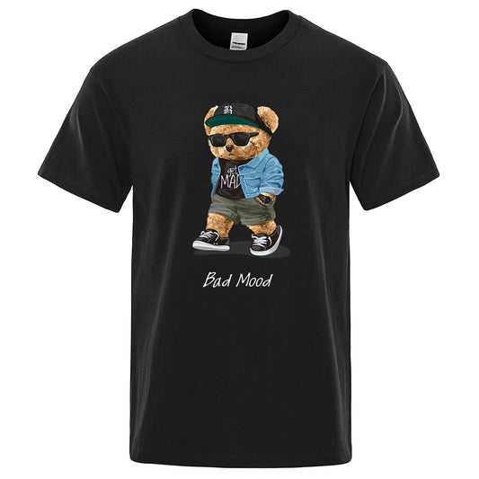 Black t-shirt with a bear graphic wearing sunglasses and a cap, labeled 'Bad Mood', on a white background.