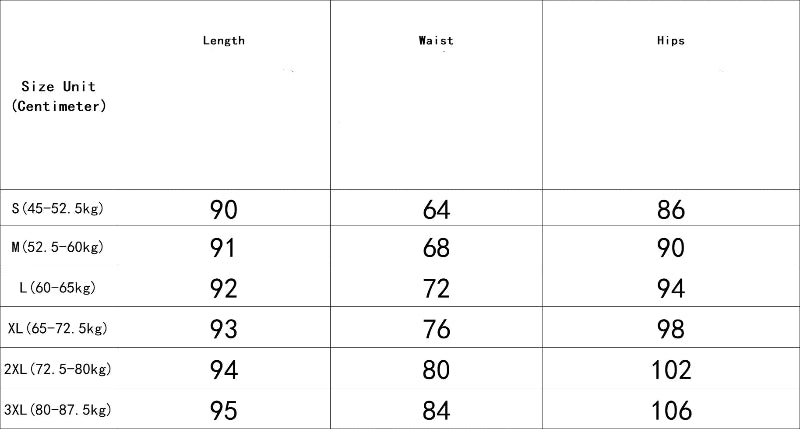 Measurement chart for clothing sizes in centimeters with various dimensions listed.