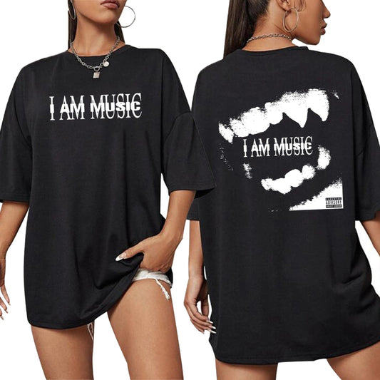 Black t-shirt with 'I AM MUSIC' text on front and back, worn by a model.