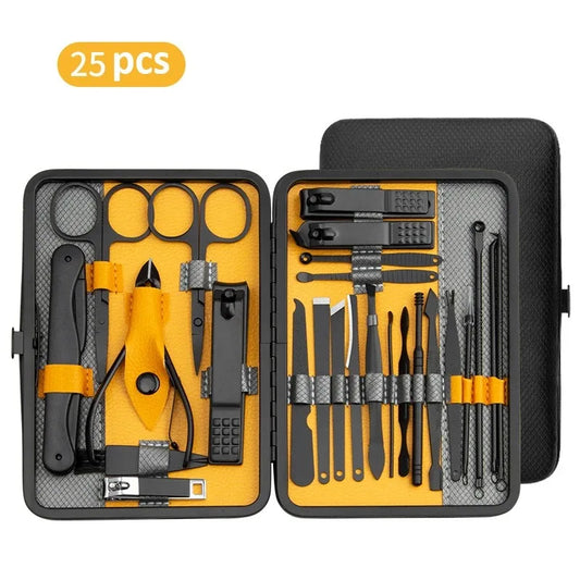 A 25-piece manicure set displayed in an open black case with yellow accents, including various nail clipppers, scissors, and other nail care tools.