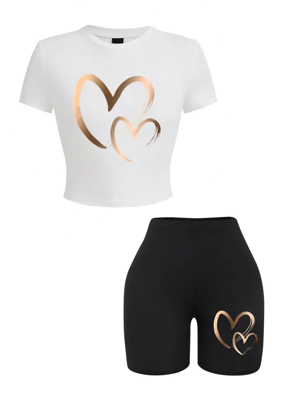 White crop top with gold heart design and black shorts with gold heart design on a white background