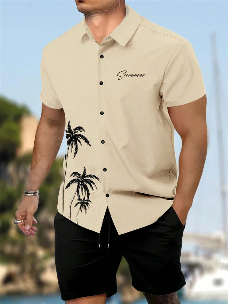 Man wearing a beige shirt with palm tree design and 'Summer' text, standing by a waterfront.