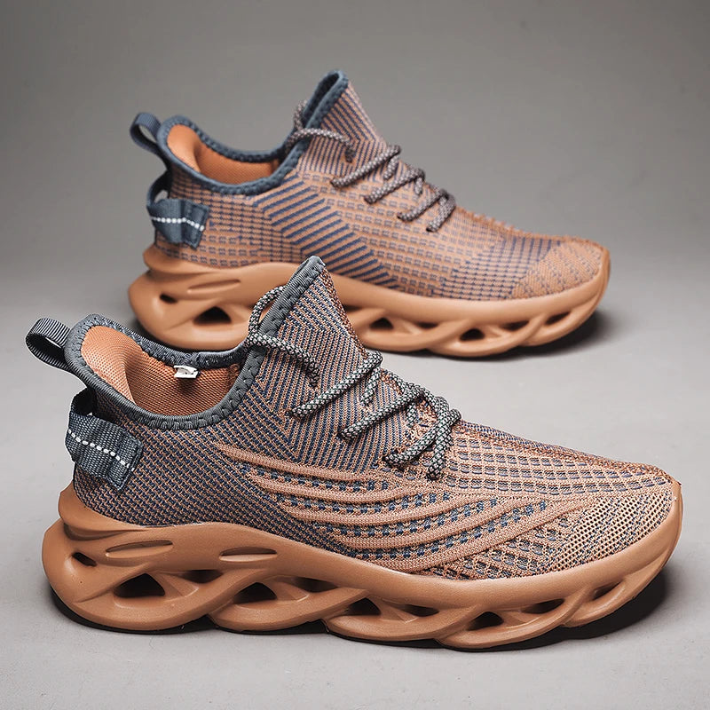 A pair of brown and gray COMFYTRIP running shoes with mesh upper and a unique sole design, displayed against a neutral background.