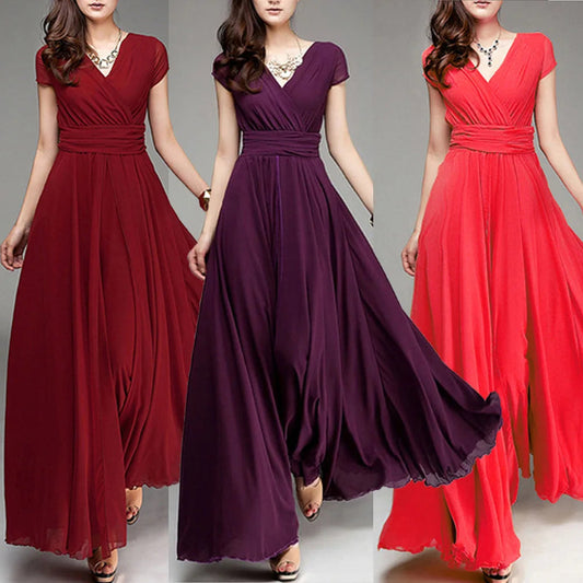 Three long dresses in red, purple, and pink on a neutral background