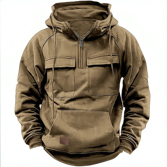 Brown hoodie with front pockets and a zipper on a white background