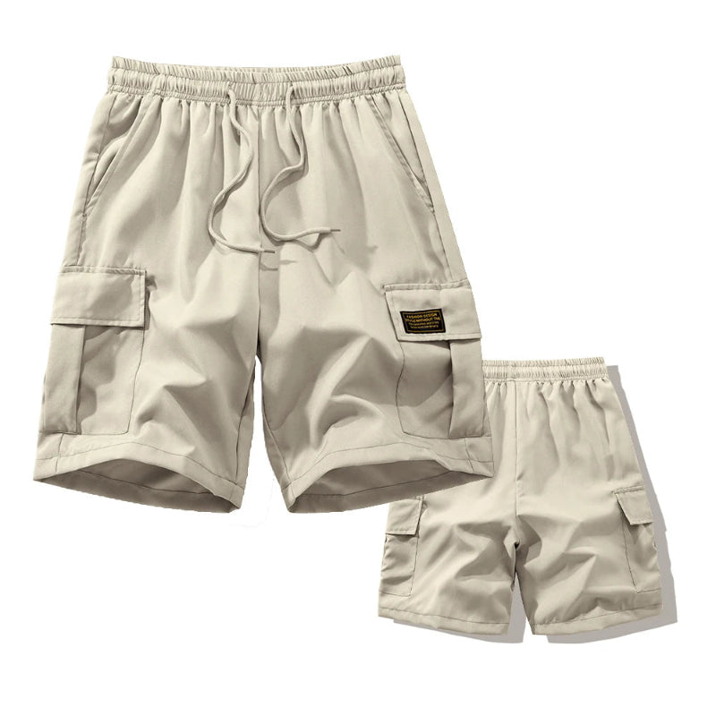Beige cargo shorts on a white background