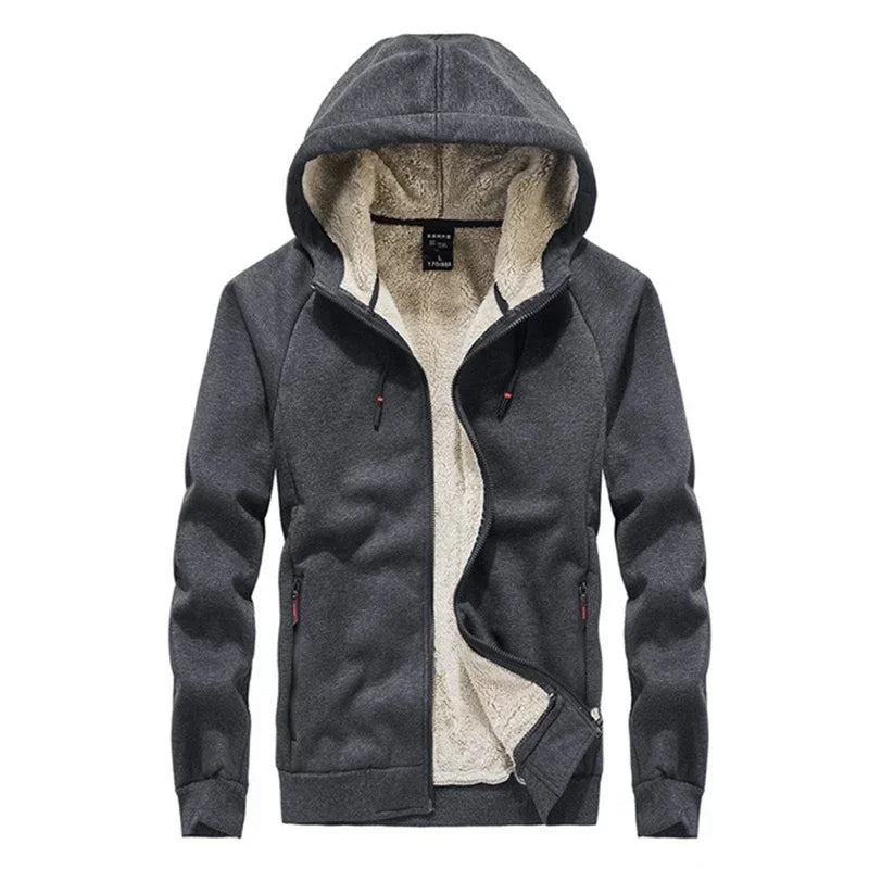 Gray hoodie with fleece lining on a white background