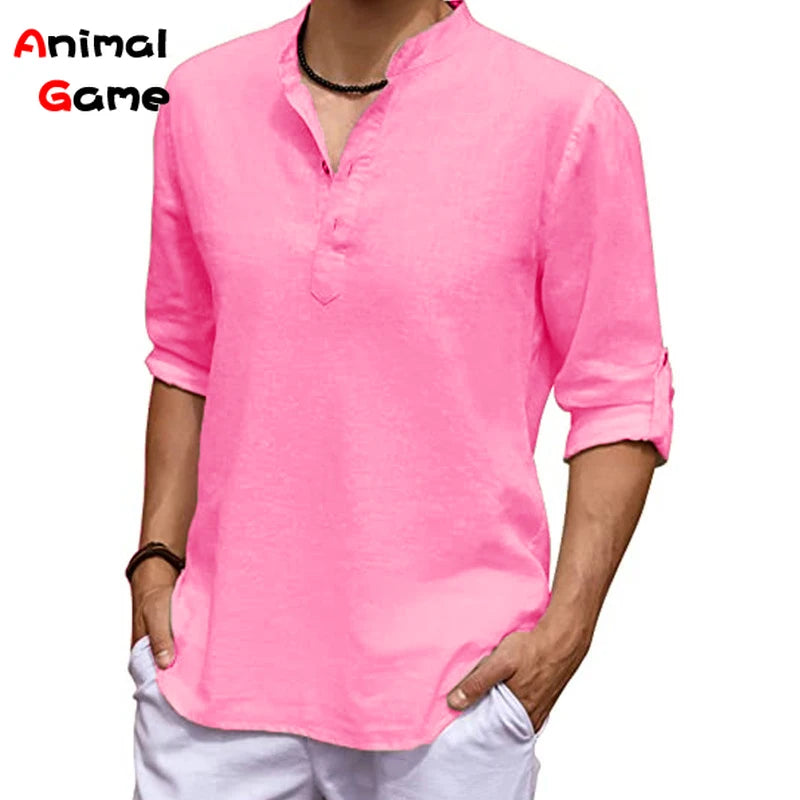 Person wearing a pink shirt with rolled-up sleeves on a white background