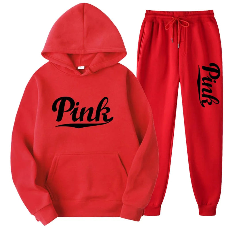 Red hoodie and jogger pants set with 'Pink' text on a white background