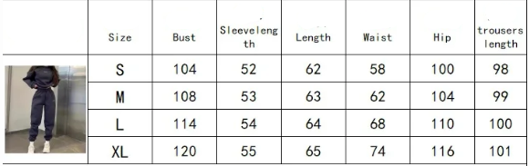 Table displaying clothing size chart with measurements in centimeters