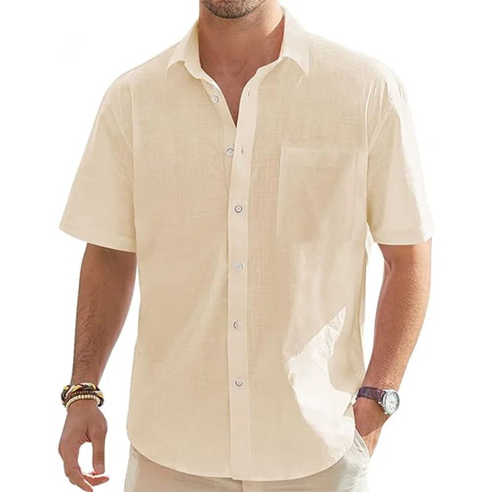 Men’s cotton linen short sleeve shirt with pocket, lightweight summer beachwear casual button shirt -  beige