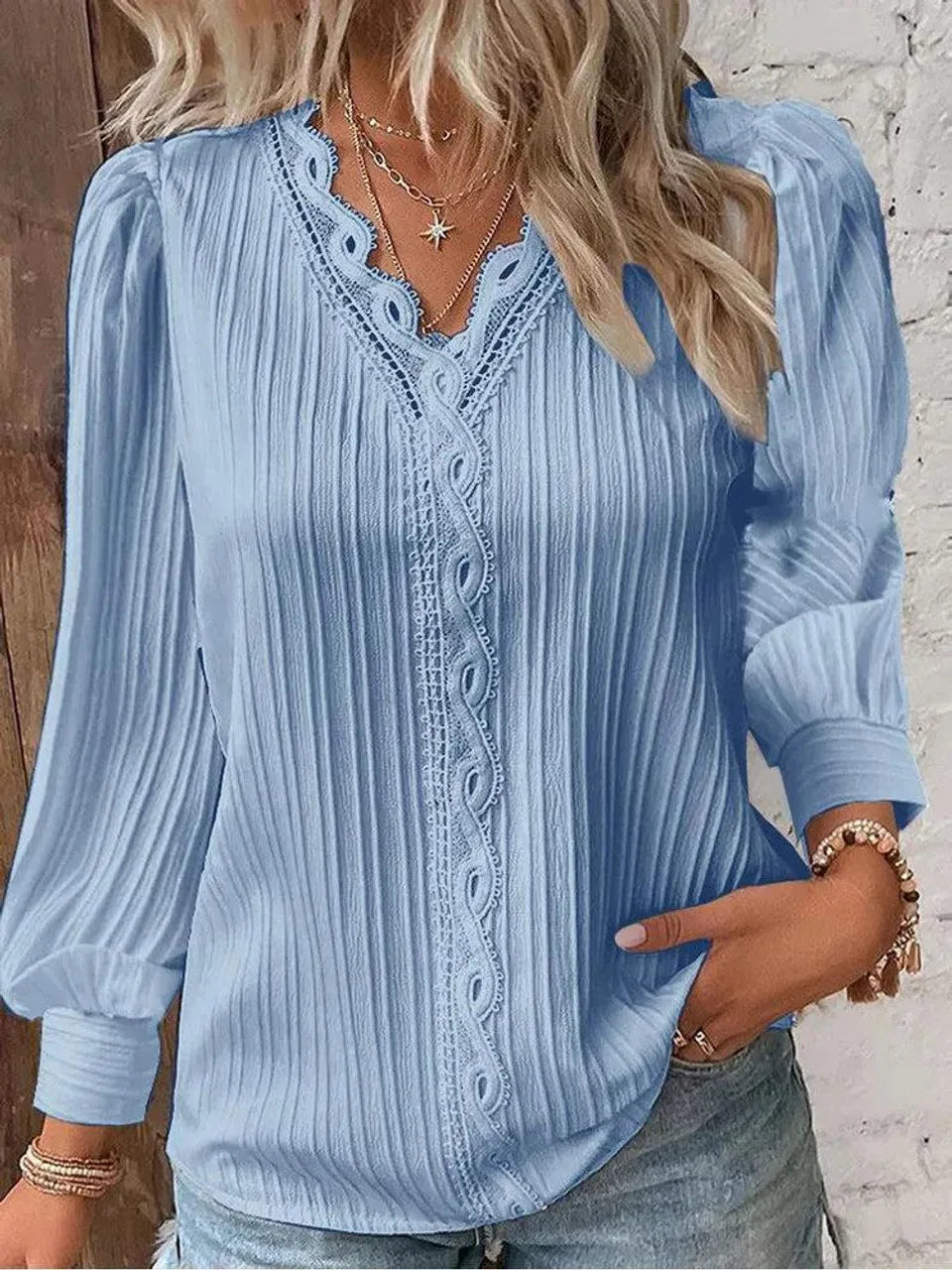 Women's Lace Stitching Shirt Loose Stitching V-neck Long Sleeve Pullover Chiffon Shirt Fall Top Simple Elegant Street Blouse