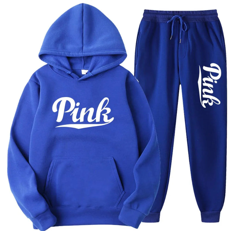 Blue hoodie and jogger set with 'Pink' text on a white background