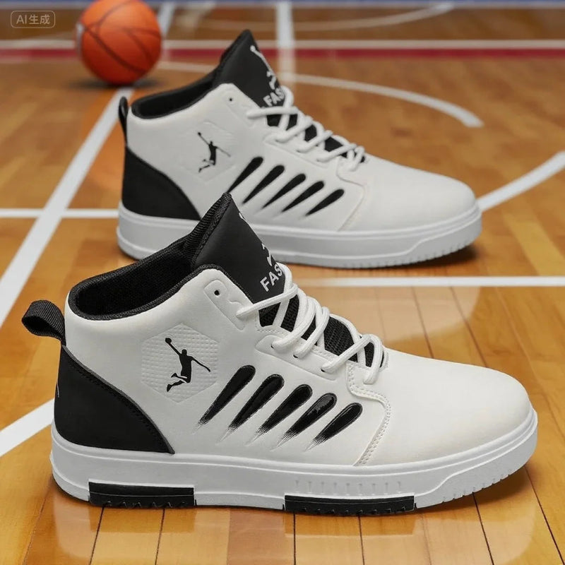 White and black sneakers on a basketball court with a basketball in the background