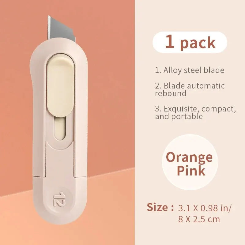 Compact mini box opener and paper cutting knife in a portable design for unboxing, stationery, and wallpaper cutting tasks pink