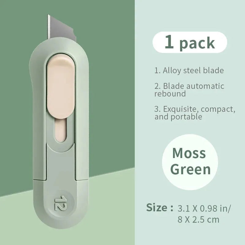 Compact mini box opener and paper cutting knife in a portable design for unboxing, stationery, and wallpaper cutting tasks green