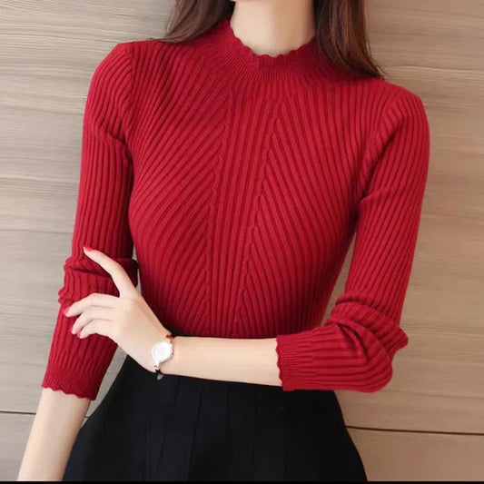 women’s long-sleeve knitted pullover sweater with a solid stripe design red