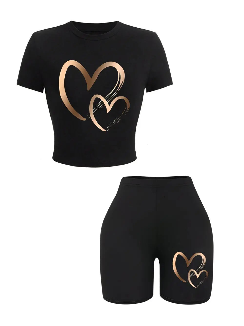 Black crop top and shorts set with gold heart designs on a white background