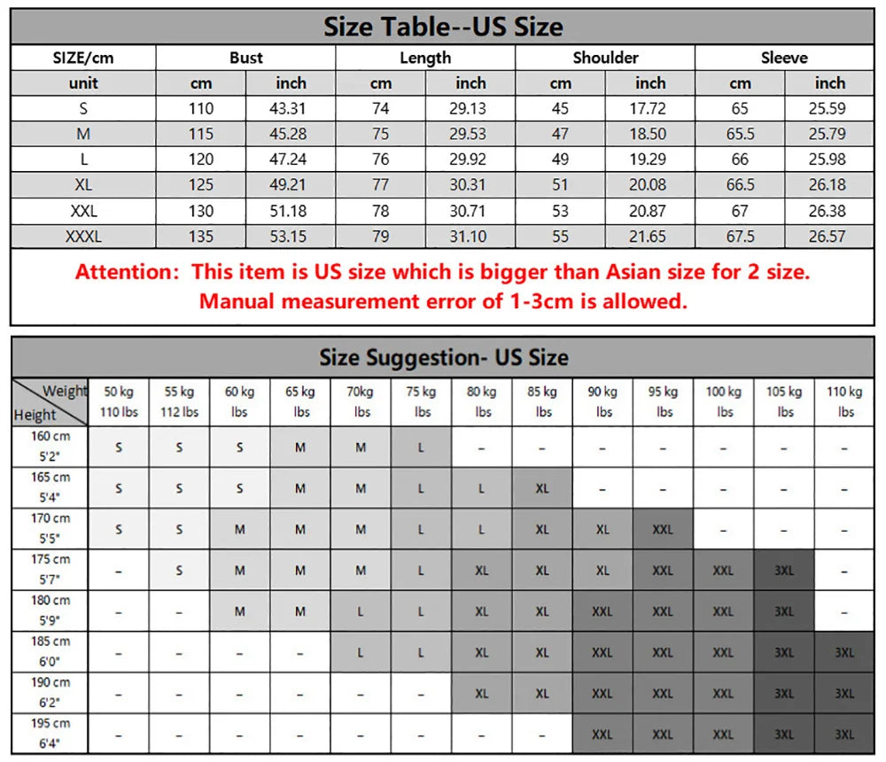 Size chart for clothing with US size conversion and weight height suggestions.