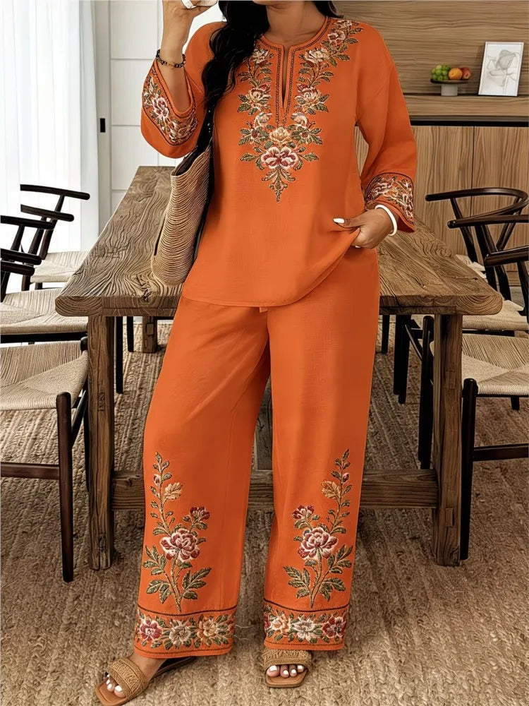 Fashion Retro Printed Long-sleeved O Neck Shirt And Trousers Women's Suit Autum Loose Simple Ethnic Female Trousers 2-piece Set